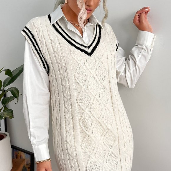 White Preppy Womens Striped Trim Cable Knit Sweater Dress - Picture 3 of 5